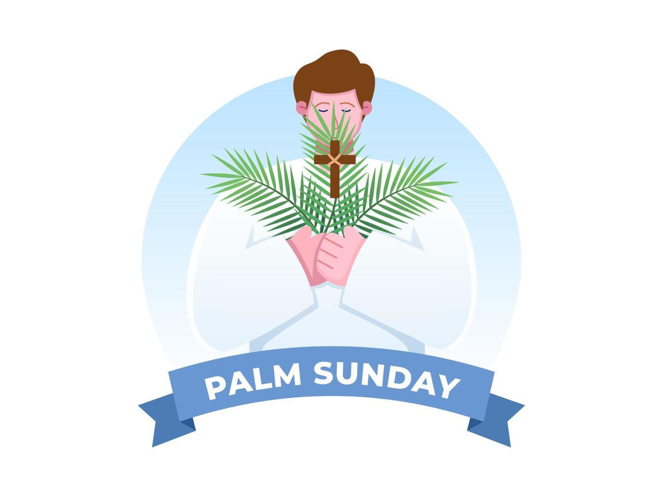 Religionsfeiertag Palmsonntag vor Ostern. glückliche menschen mit palmenblättern vektorillustration. kann für Grußkarten, Postkarten, Banner, Poster, Web, Druck, Buch, Animation usw. verwendet werden vektor