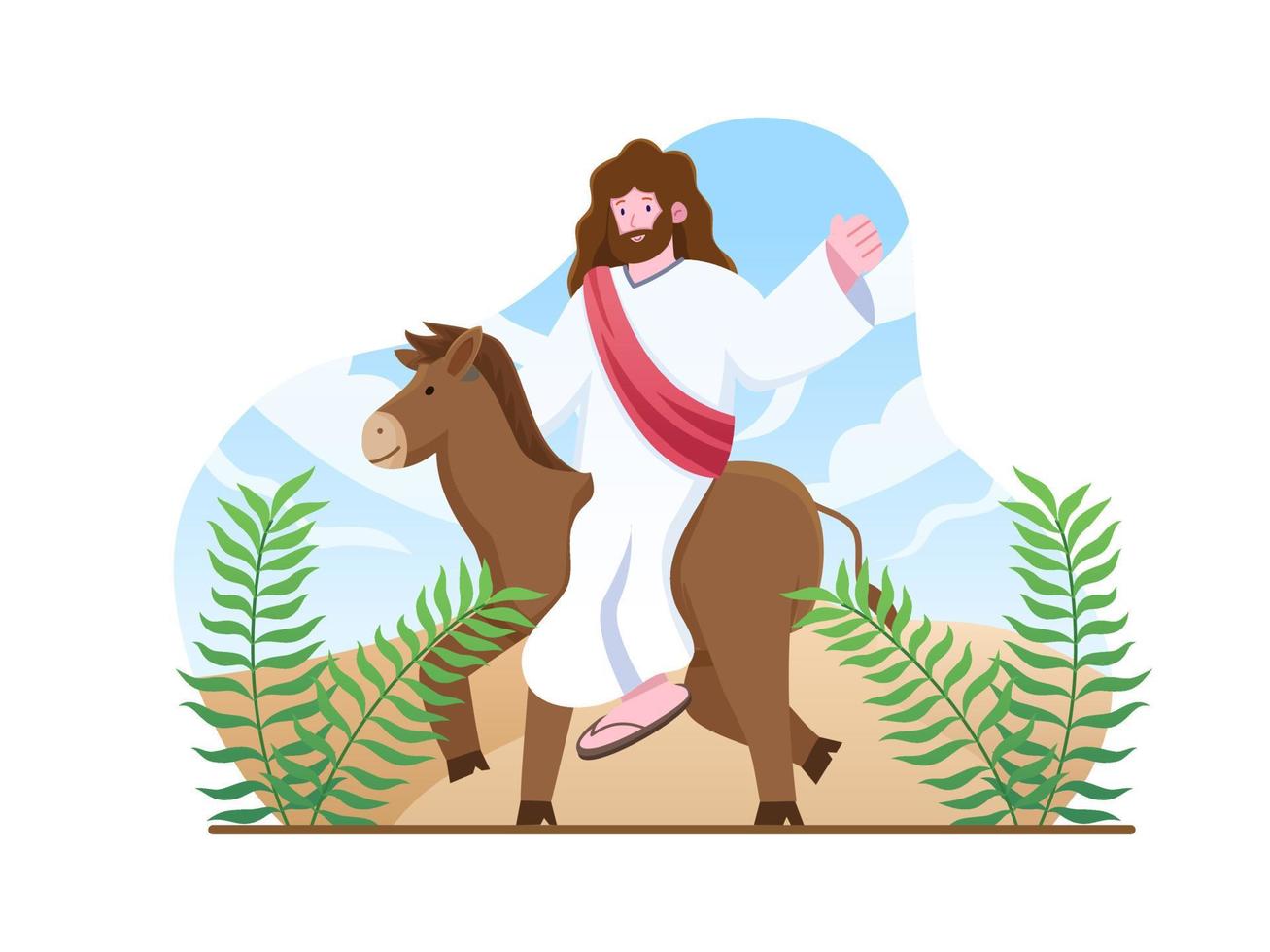 Palmsonntagsillustration - Jesus betritt Jerusalem mit einem Esel und Palmblättern. Menschen grüßen ihn mit Palmzweigen. Abbildung der biblischen Geschichte. Kann für Grußkarten, Postkarten usw. verwendet werden vektor
