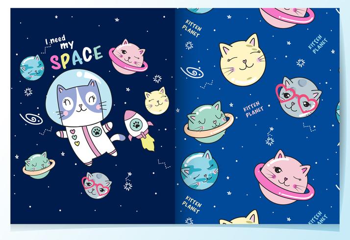 Übergeben Sie gezogenen netten Katzenastronauten in den Raum- und Katzenplaneten mit Mustersatz vektor