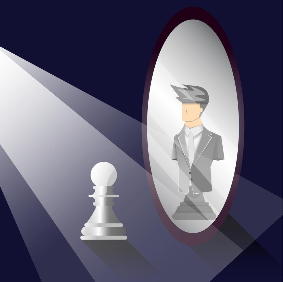Führungskonzept, Lichtschein zum Schachbauern, Bauer, der in den Spiegel schaut und einen schwarzen Schachgeschäftsmann sieht, Vektorilluatrator vektor