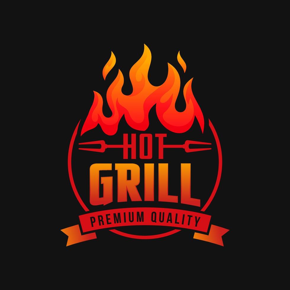 Vintage gegrilltes Barbecue-Logo, Retro-BBQ-Vektor, Feuergrill-Essen und Restaurant-Symbol, rotes Feuer-Symbol vektor