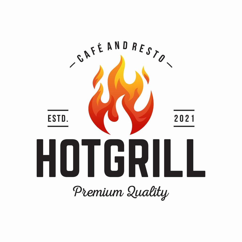 Vintage gegrilltes Barbecue-Logo, Retro-BBQ-Vektor, Feuergrill-Essen und Restaurant-Symbol, rotes Feuer-Symbol vektor