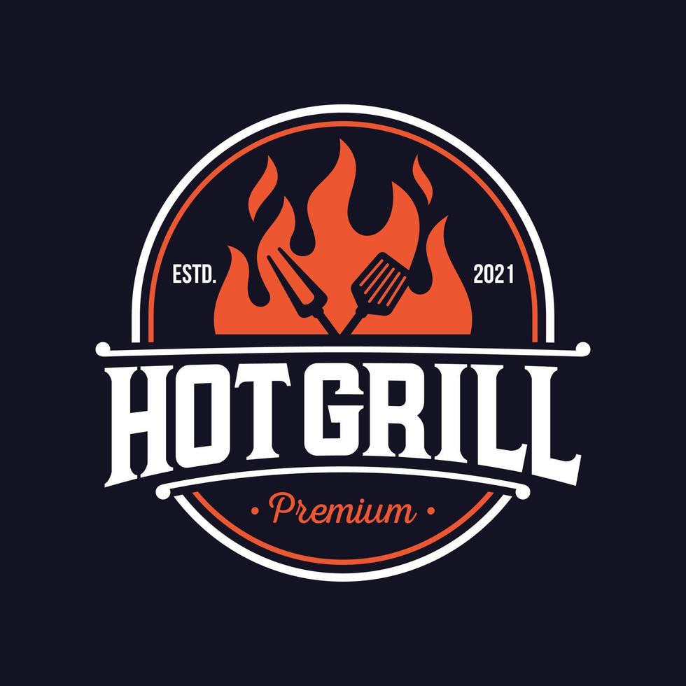 vintage grillad grill logotyp, retro bbq vektor, eld grill mat och restaurang ikon, röd eld ikon vektor