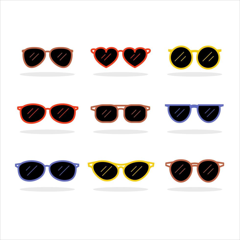 uppsättning fashionabla solglasögon i olika former, färger och glasögon. vektor
