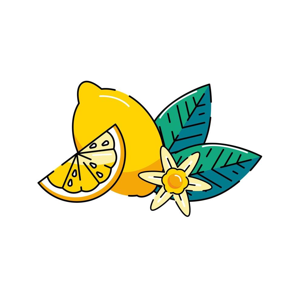 Zitronen-Logo. frische zitronenfrüchte in der sommersaison. Sommerfrucht. Zitronenblume vektor