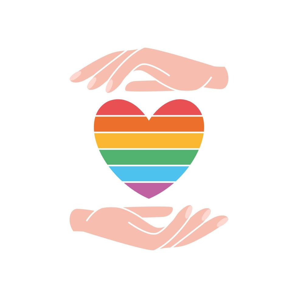 zwei Hand mit regenbogenfarbenem Herzen. Schwulenstolz. lgbt-konzept. lesbisch, schwul, bisexuell, transgender-konzept, liebessymbol. lgbt-herzflagge. Gleichberechtigung und Selbstbestätigung. Vektor-Illustration vektor