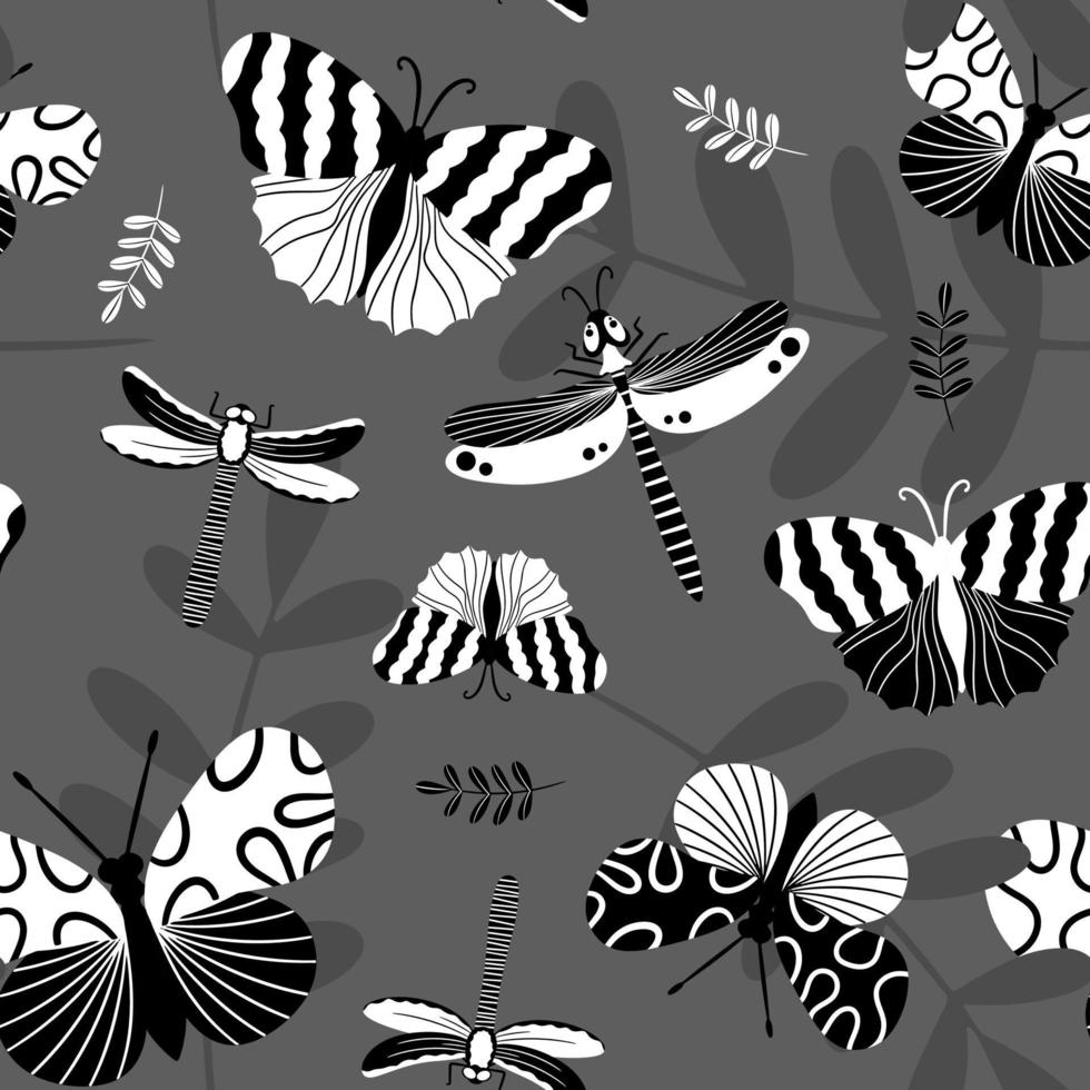 nahtloses monochromes schwarz-weißes Hintergrundmuster mit abstraktem Schmetterling und Libelle zum Bedrucken von Textilien oder Papier. vektorillustration in einem handgezeichneten stil. vektor