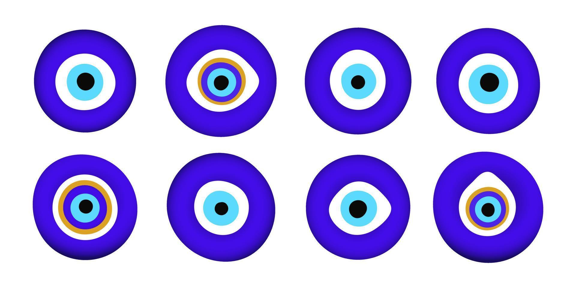 blå orientaliska onda ögat symbol amulett platt stil design vektor illustration set isolerad på vit bakgrund.