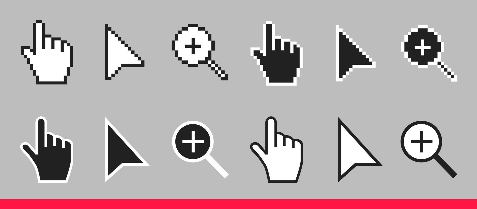svart och vit pil, hand och förstoringsglas icke pixel muspekare ikoner vektor illustration set