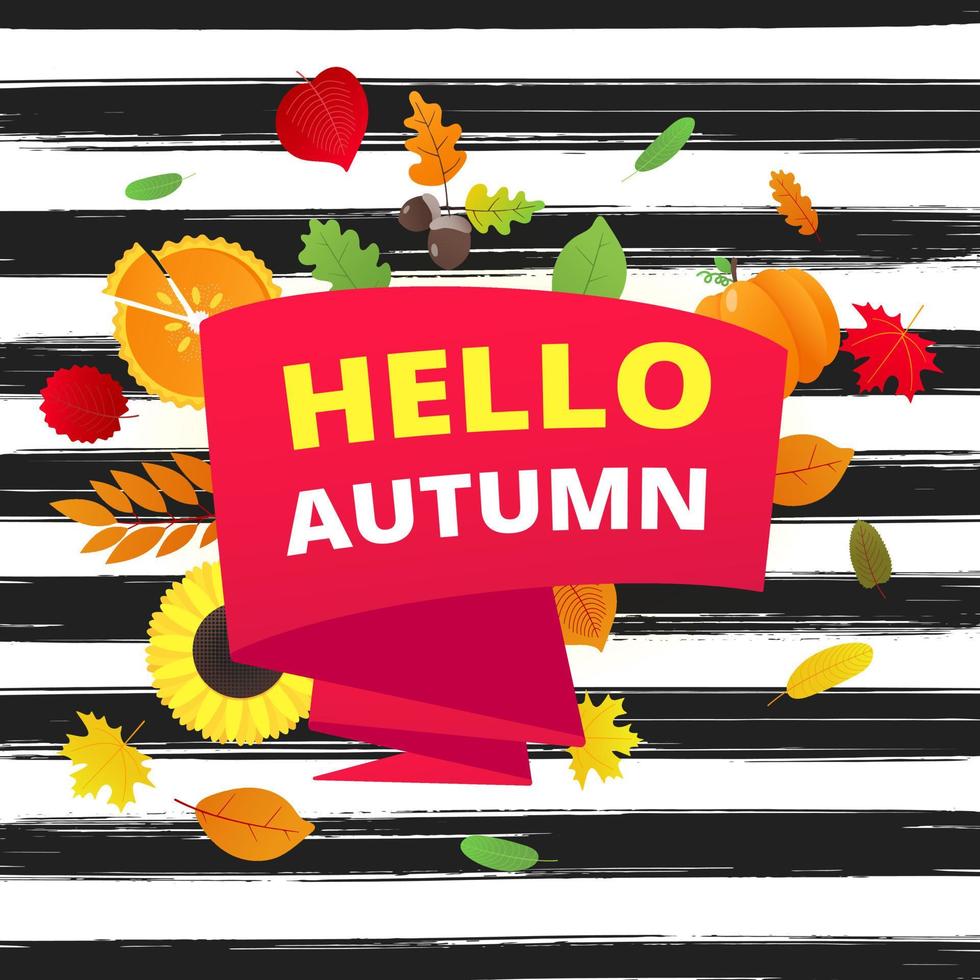 hallo herbst vektor banner oder poster gradient flache design vektorillustration. riesiges rotes band mit text, farbigen blättern, kürbis, sonnenblumen, kuchen und mais isoliert auf lustigem hintergrund.