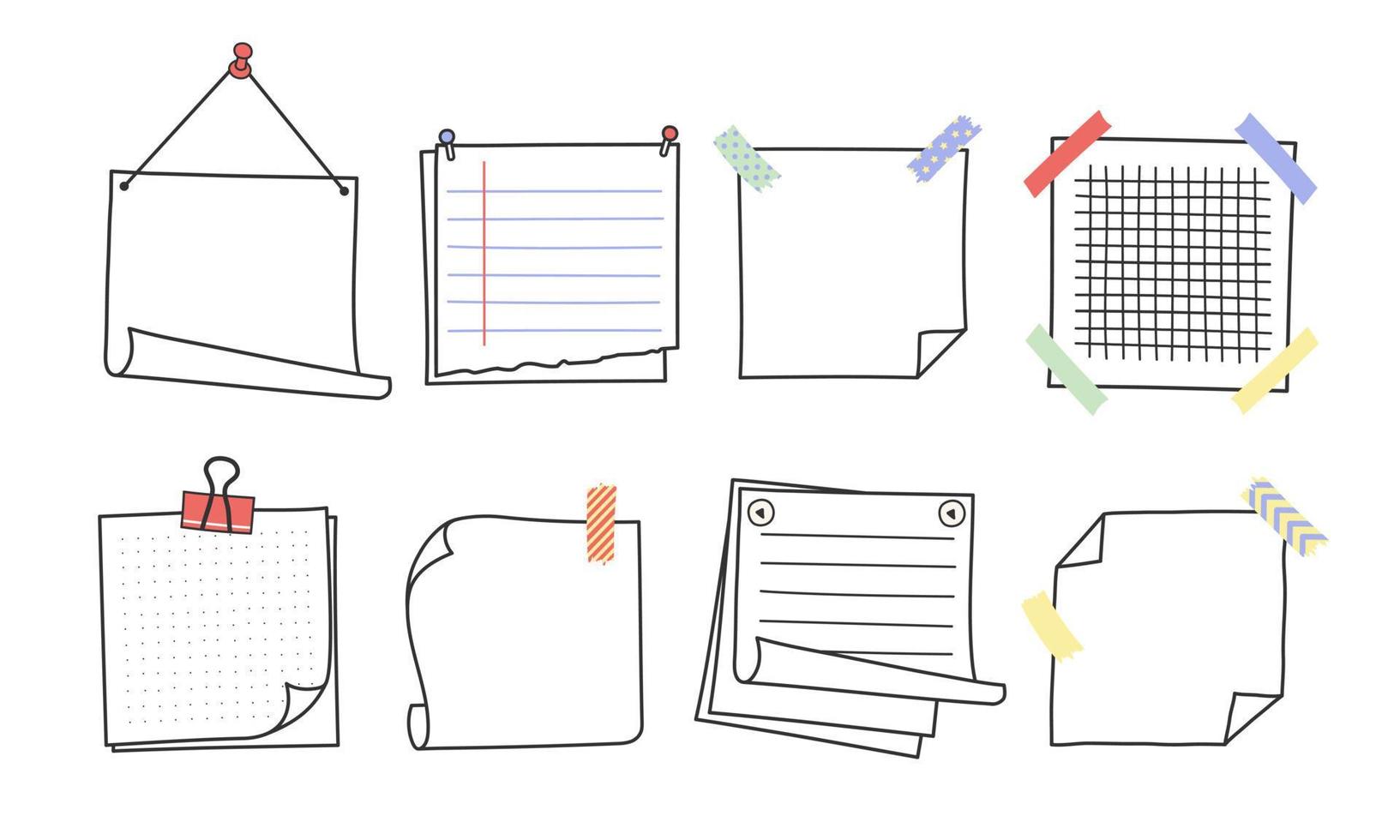 doodle handritad memo anteckningar och påminnelser vektor illustration set.