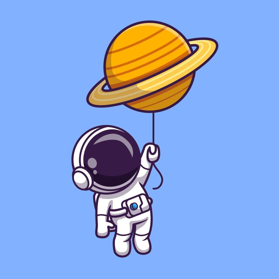 niedlicher astronaut, der mit planetenballon in der weltraumkarikatur-vektorsymbolillustration schwimmt. Technologie-Wissenschaft-Symbol-Konzept isolierter Premium-Vektor. flacher Cartoon-Stil vektor