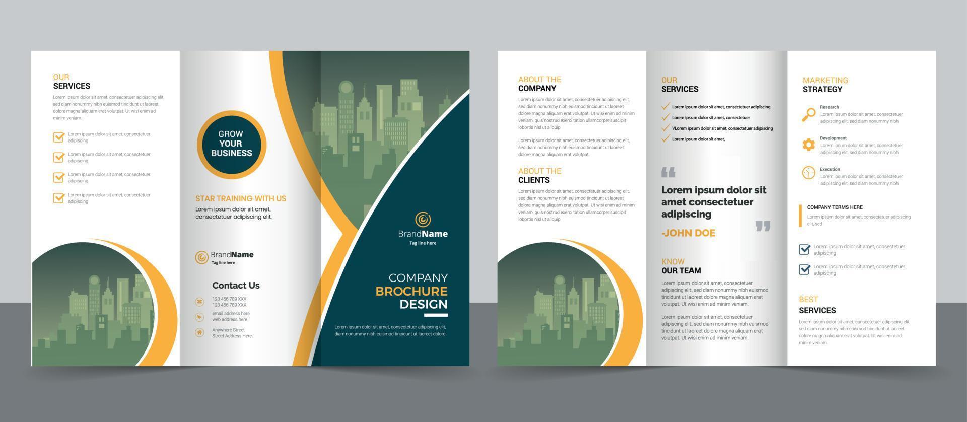 trefaldig broschyrdesignmall för ditt företag, företag, företag, reklam, marknadsföring, byrå och internetföretag vektor