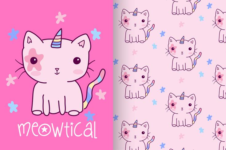 Unicorn Kitten Pink Hand Drawn Kitty mit Mustersatz vektor