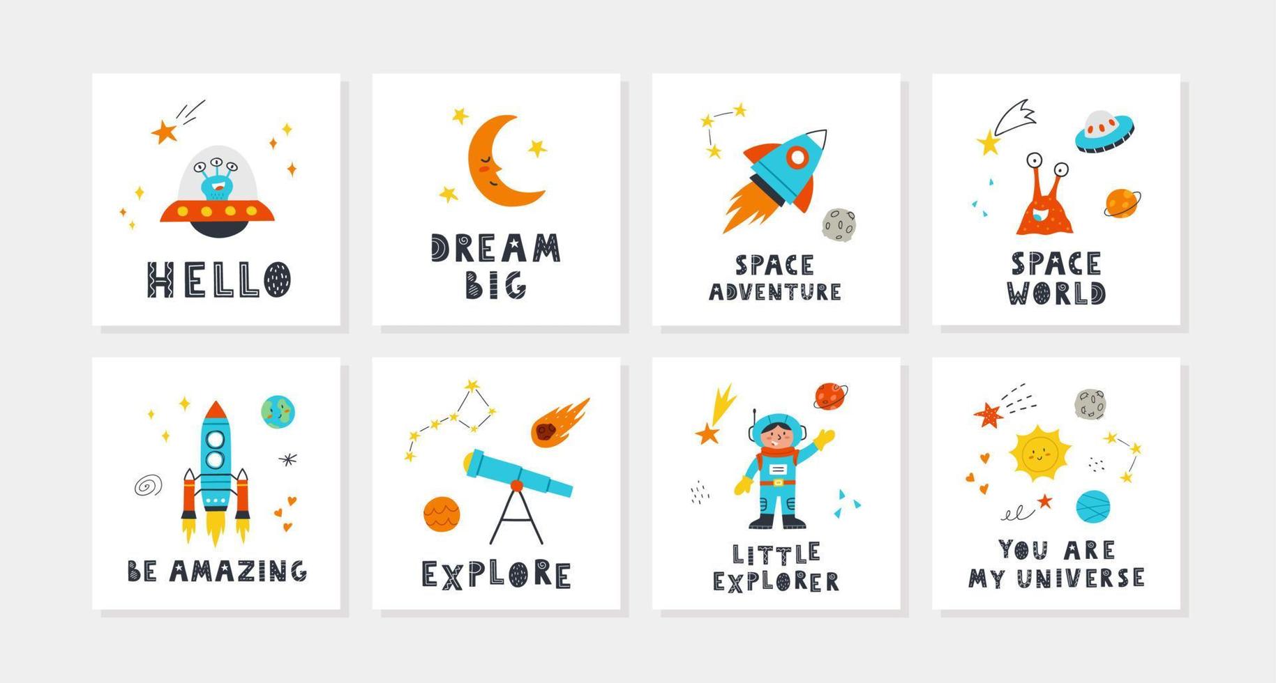 barnkort set med sött utrymme och med bokstäver. raket, planeter, stjärnor, barn, teleskop, sol, utomjordingar. perfekt för dagisaffischer. vektor handritade illustrationer.