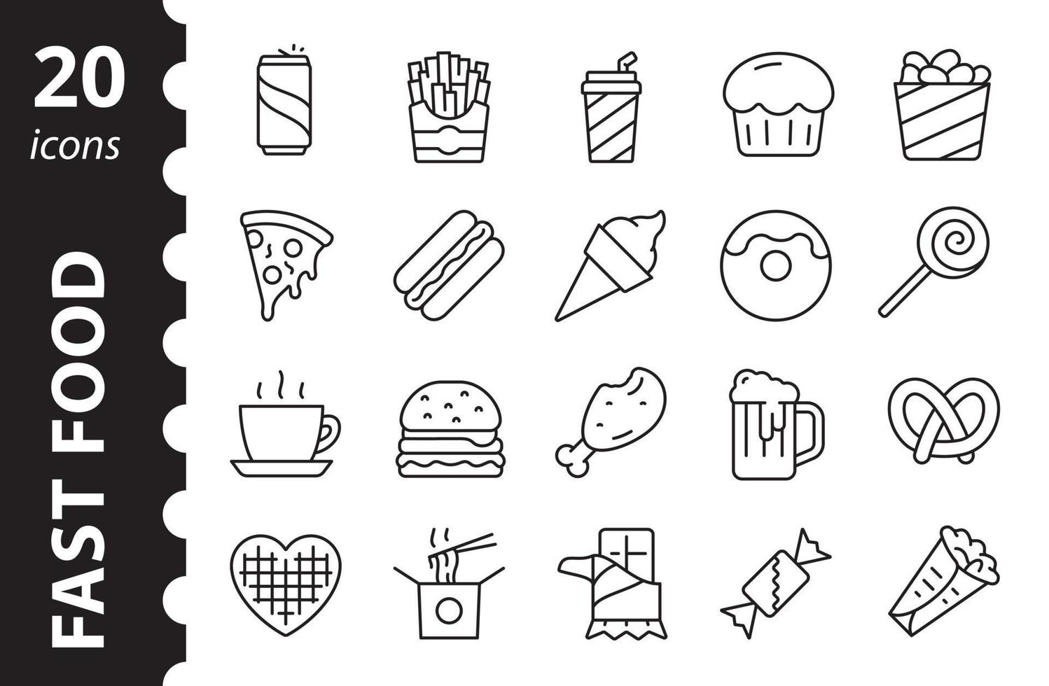 Fastfood-Icon-Set. Street Food lineare Symbolsammlung. Burger, Pizza, Donut umreißen Vektorzeichen. vektor