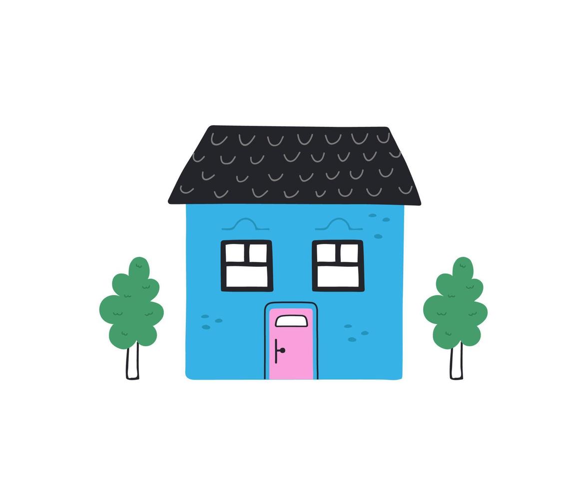 söt handritad litet blått hus och två träd. trendig illustration i platt stil. vektor