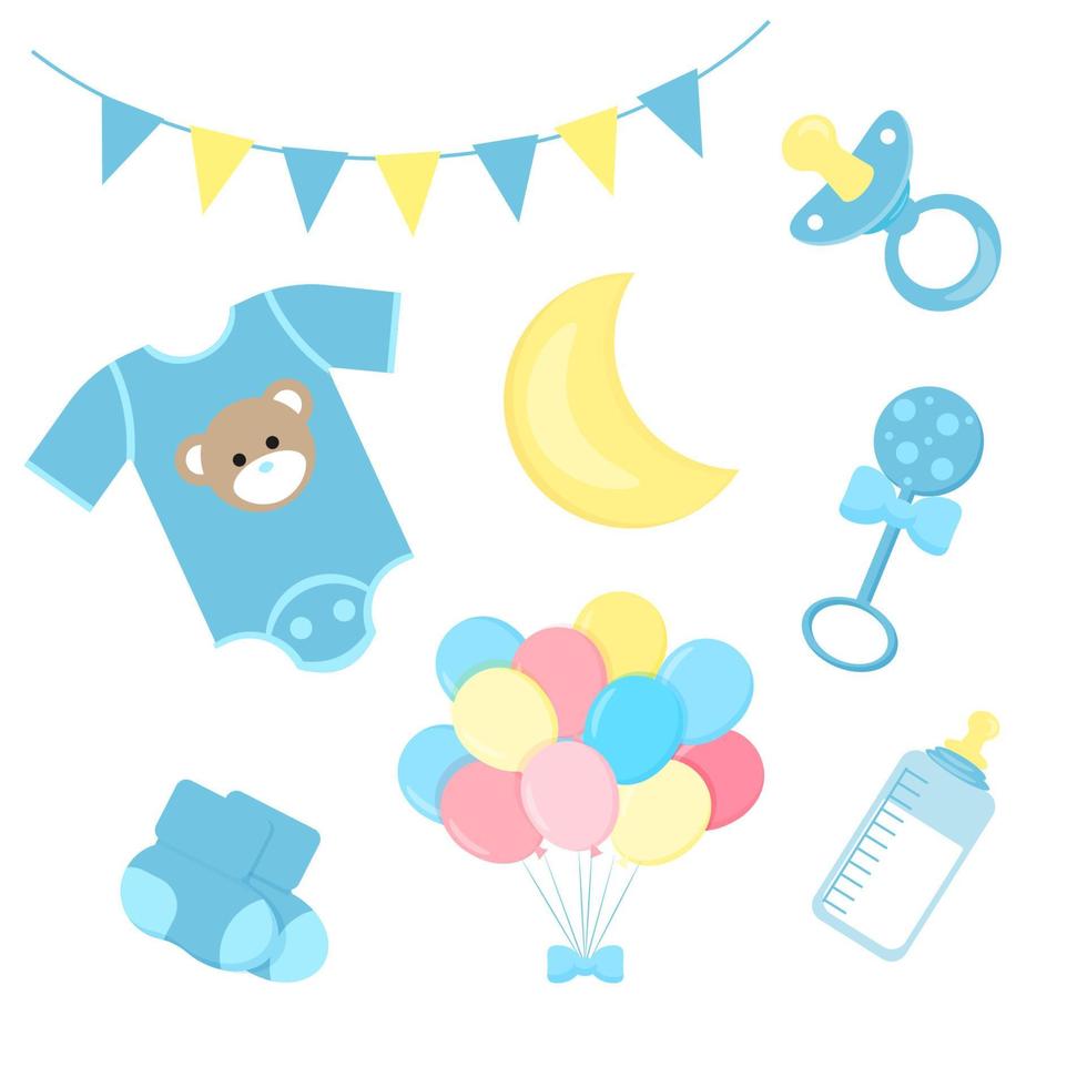uppsättning ikoner av babyprodukter för en pojke i dämpade pastellblå färger bröstvårta, leksak, kläder, flaska med blandning, bollar, strumpor, färg vektorillustration vektor
