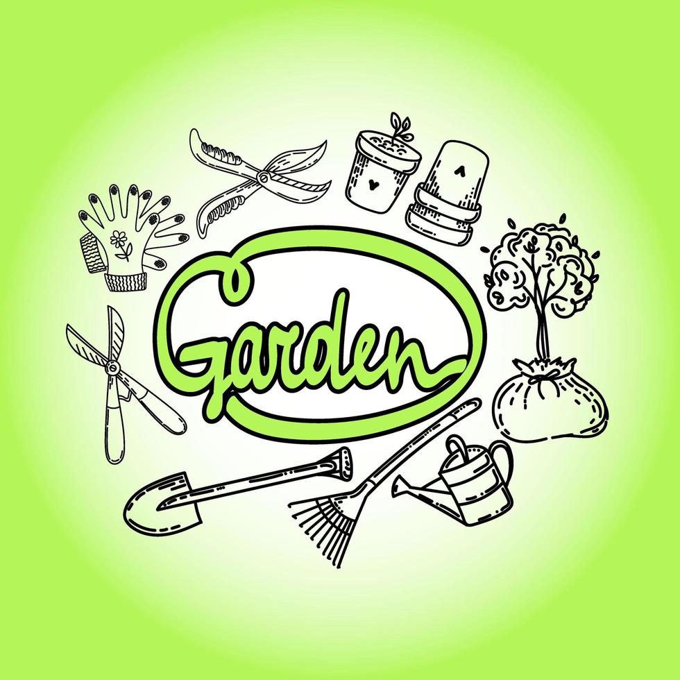 ein Logo für Gartenbedarf. Eine Reihe von Gartenelementen, handgezeichnet im Doodle-Stil. junge Bäume pflanzen. Gartenarbeit. Werkzeuge für den Garten. einfache lineare Embleme im Vektorstil. vektor