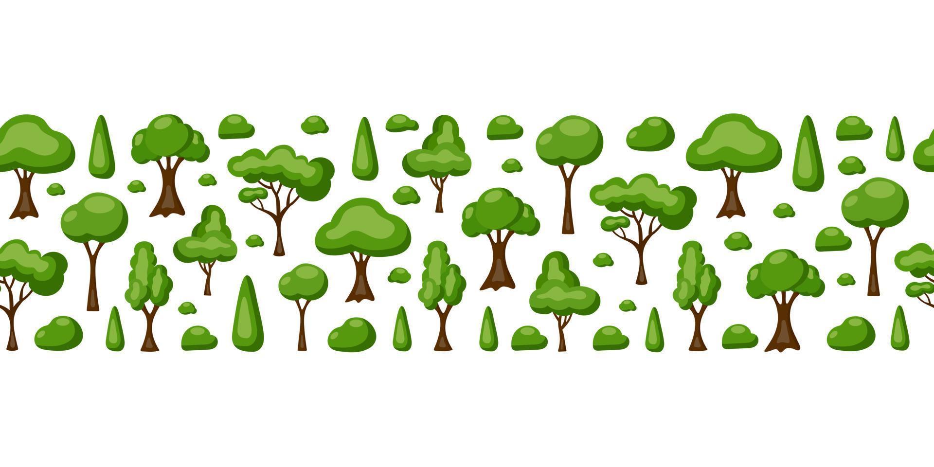 bunter Streifen Cartoon grüne Bäume und Steine isoliert auf weißem Hintergrund. modernes horizontales nahtloses Muster. Vektor-Illustration vektor