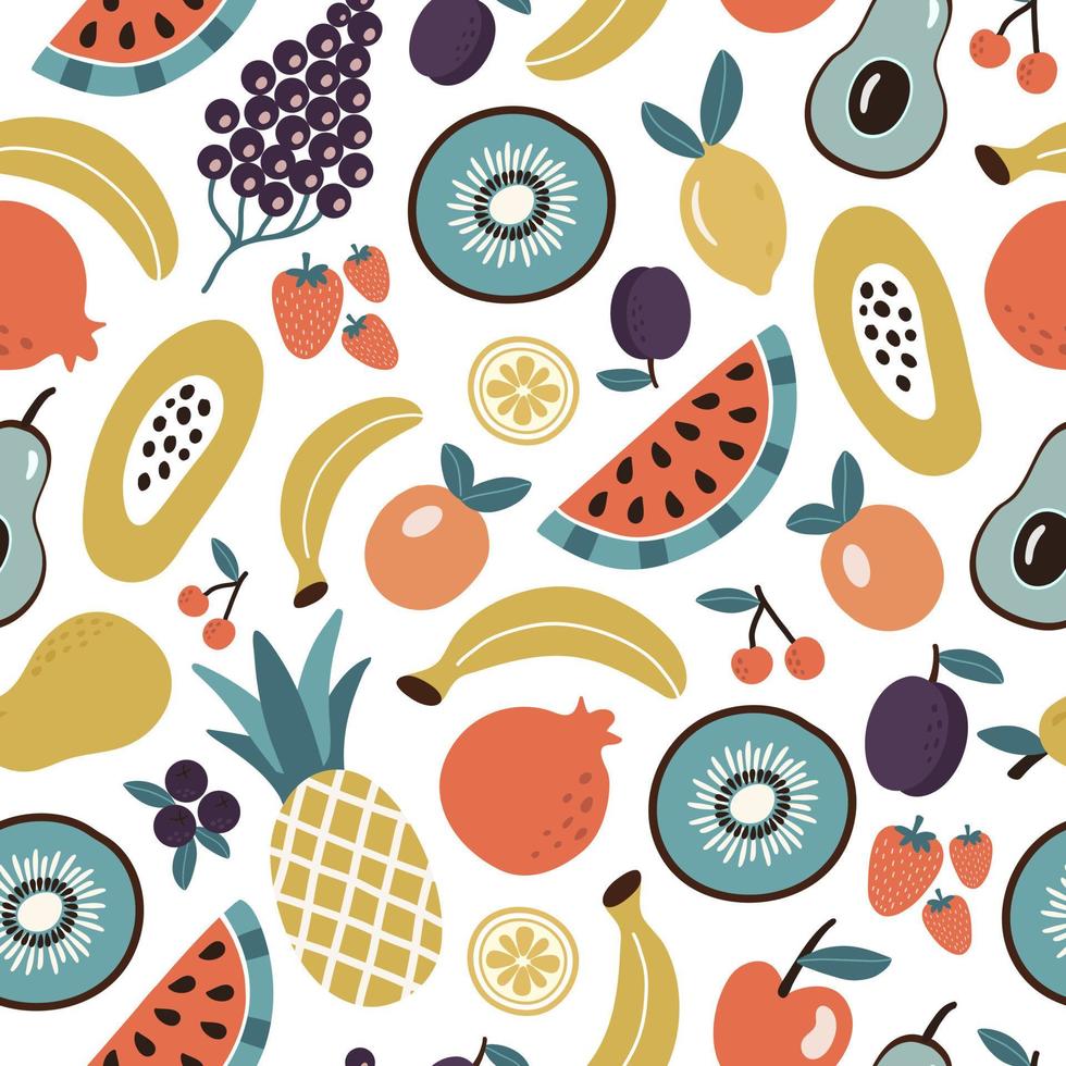 buntes, nahtloses Muster aus organischen tropischen Früchten und Beeren oder vegetarischer Kost auf weißem Hintergrund. Vektor handgezeichnetes Design im flachen Stil