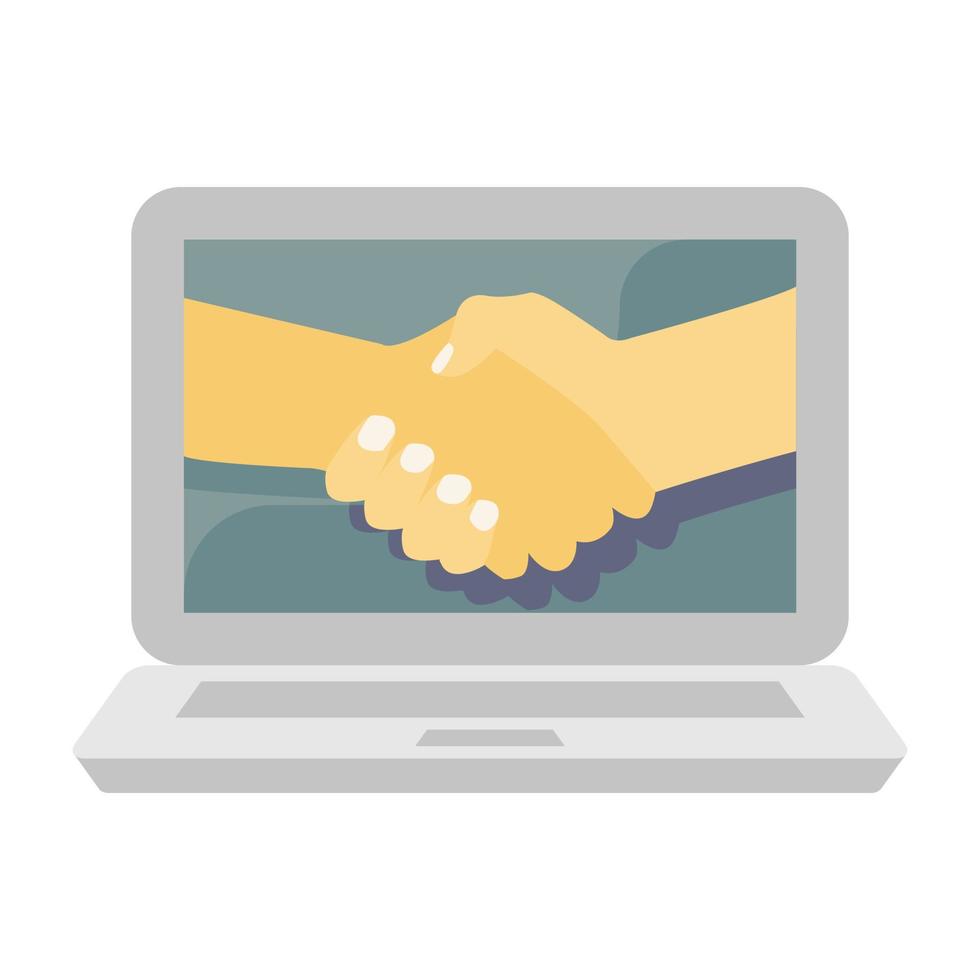 Handshake im Laptop, Konzept des Online-Deal-Symbols im flachen Stil. vektor
