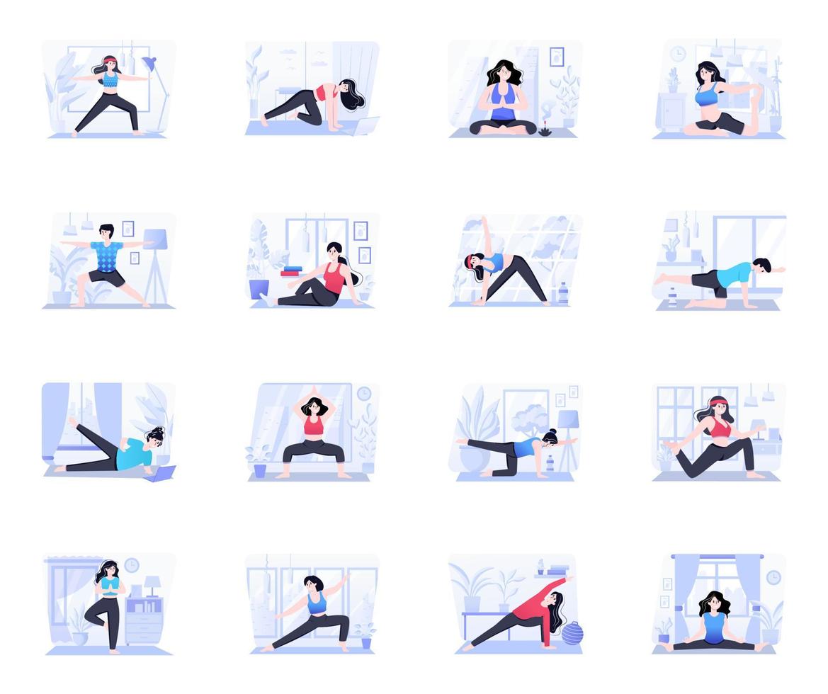 16 trendiga platta illustrationer av yoga vektor