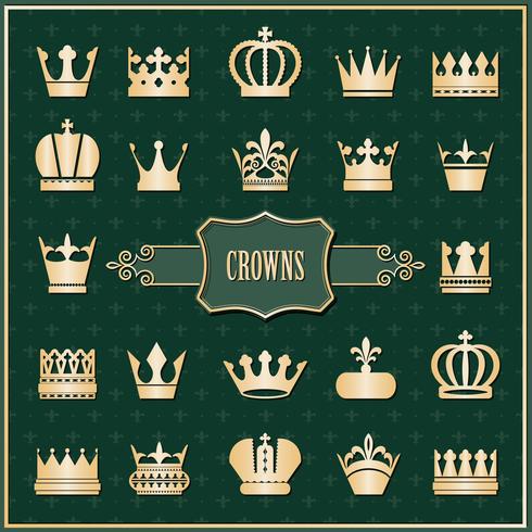 Guld krona ikoner set på damast vektor