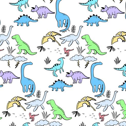 Handritad aktiv dinosaurier mönster vektor