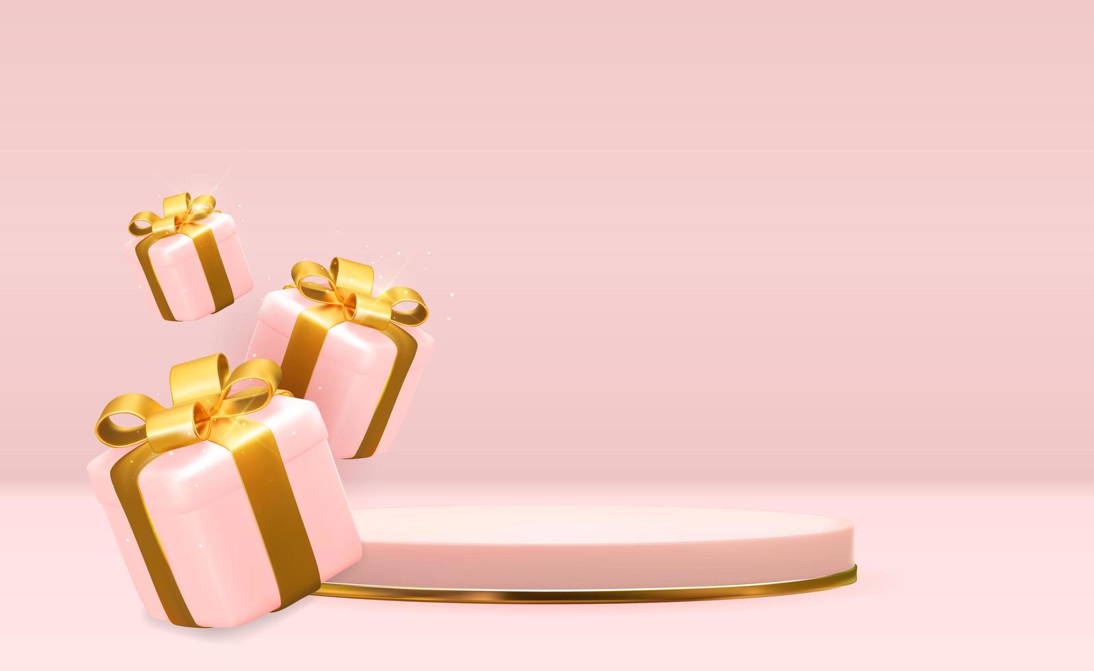 roséguld piedestal över rosa pastell naturlig bakgrund med 3d presentförpackning. trendig tom palldisplay för kosmetisk produktpresentation, modemagasin. kopiera utrymme vektor illustration