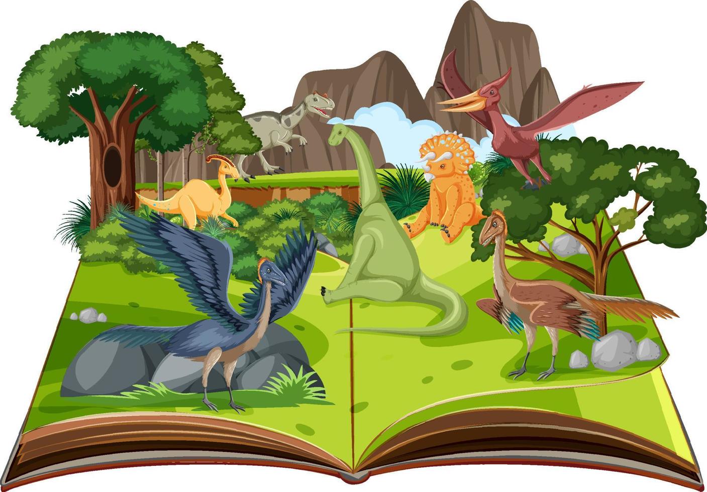 Pop-up-Buch mit Naturszene im Freien und Dinosaurier vektor