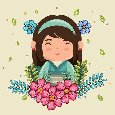 Smiley japansk flickakawaii med blommatecken vektor