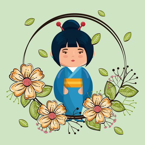 Kimono flicka kawaii med blommatecken vektor