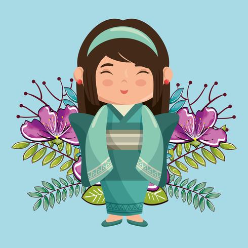 lilla japanska flickan kawaii med blommatecken vektor