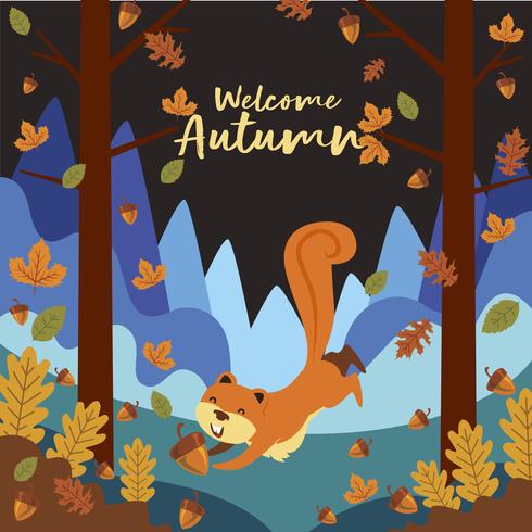 Eichhörnchen-Karikatur, die im Wald in Autumn Season spielt vektor