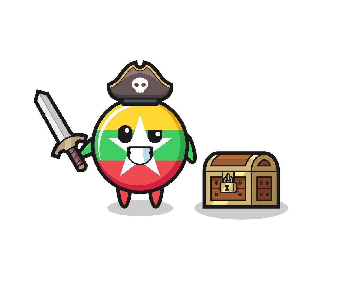 myanmar flaggan pirat karaktär som håller svärdet bredvid en skattlåda vektor