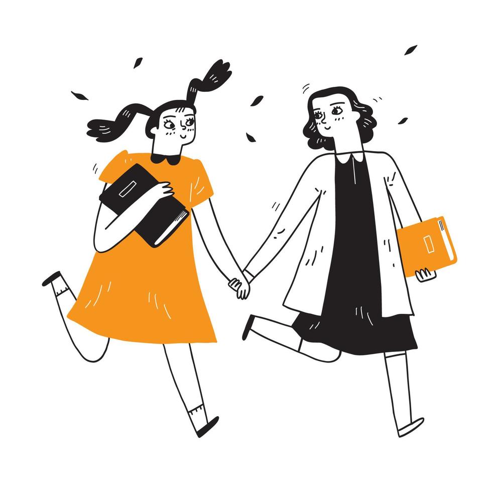 två flickor går hand i hand båda med böcker vektor