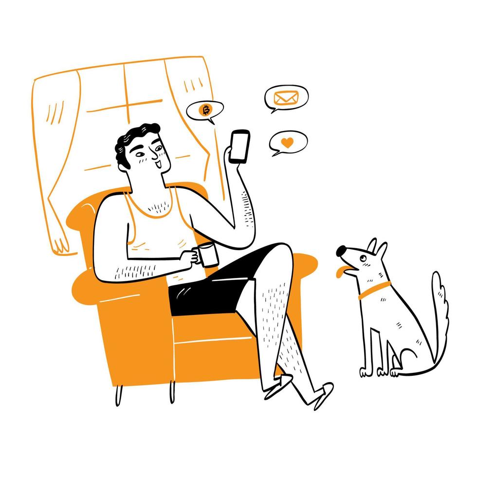 ung man i fritidskläder i soffan använda telefonen för att kommunicera vektor