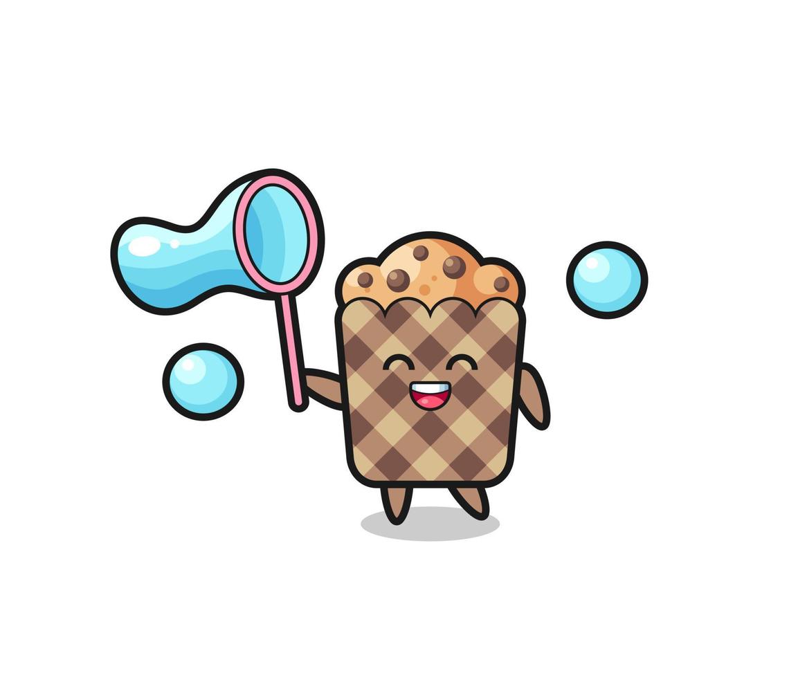 glücklicher Muffin-Cartoon, der Seifenblase spielt vektor