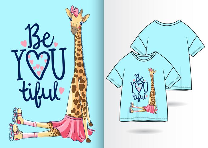 Hand gezeichnete nette Giraffe mit T-Shirt Design vektor