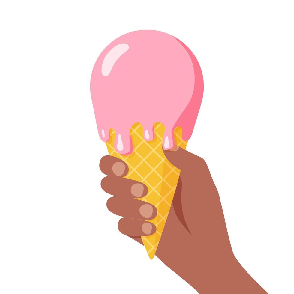 mänsklig hand håller rosa glass våffelstrut. smältande glass i mänsklig hand. isolerade platt vektorillustration vektor