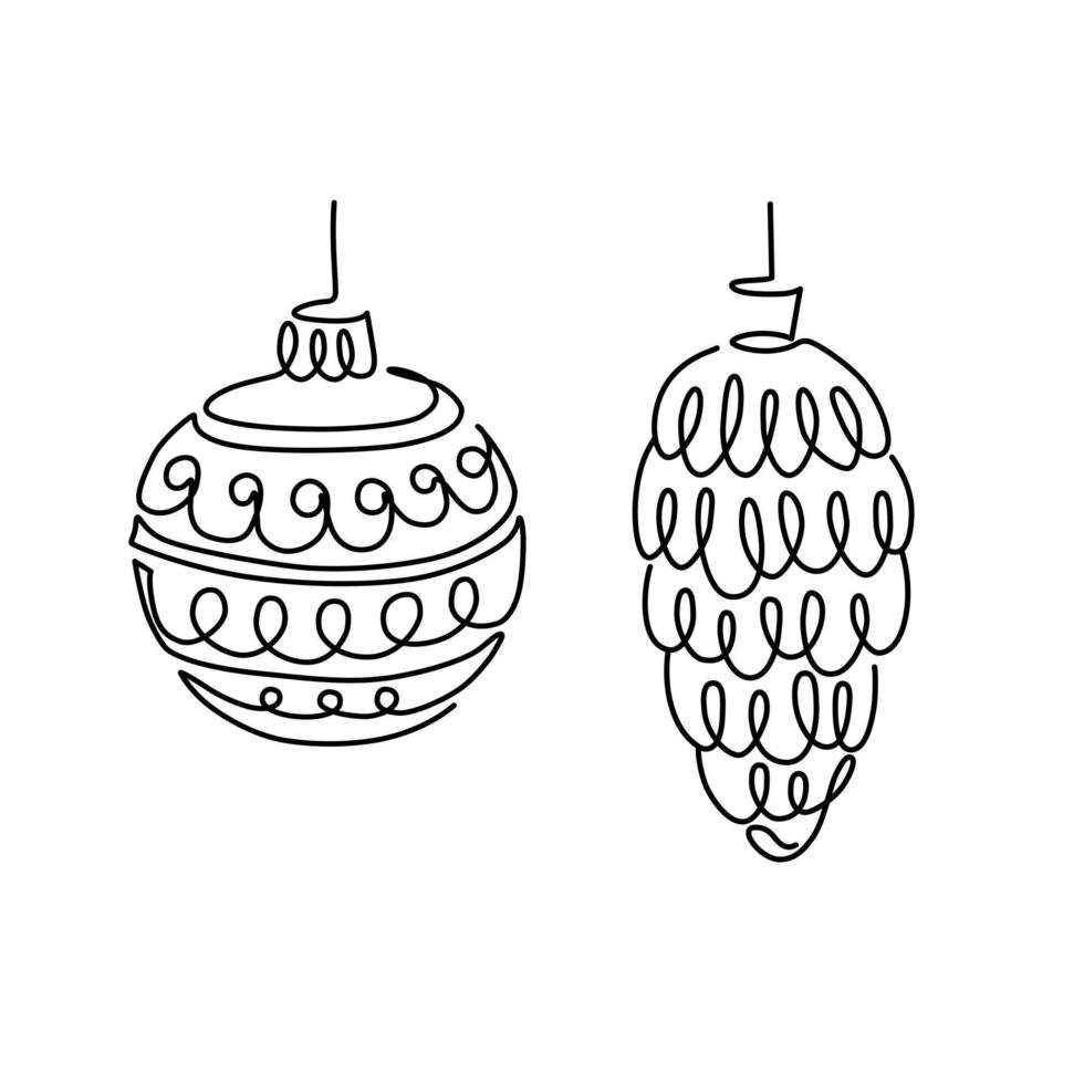 jul boll och gran kotte kontur vektor illustration. one line art. jul dekorativa element för webben, kort, affischer