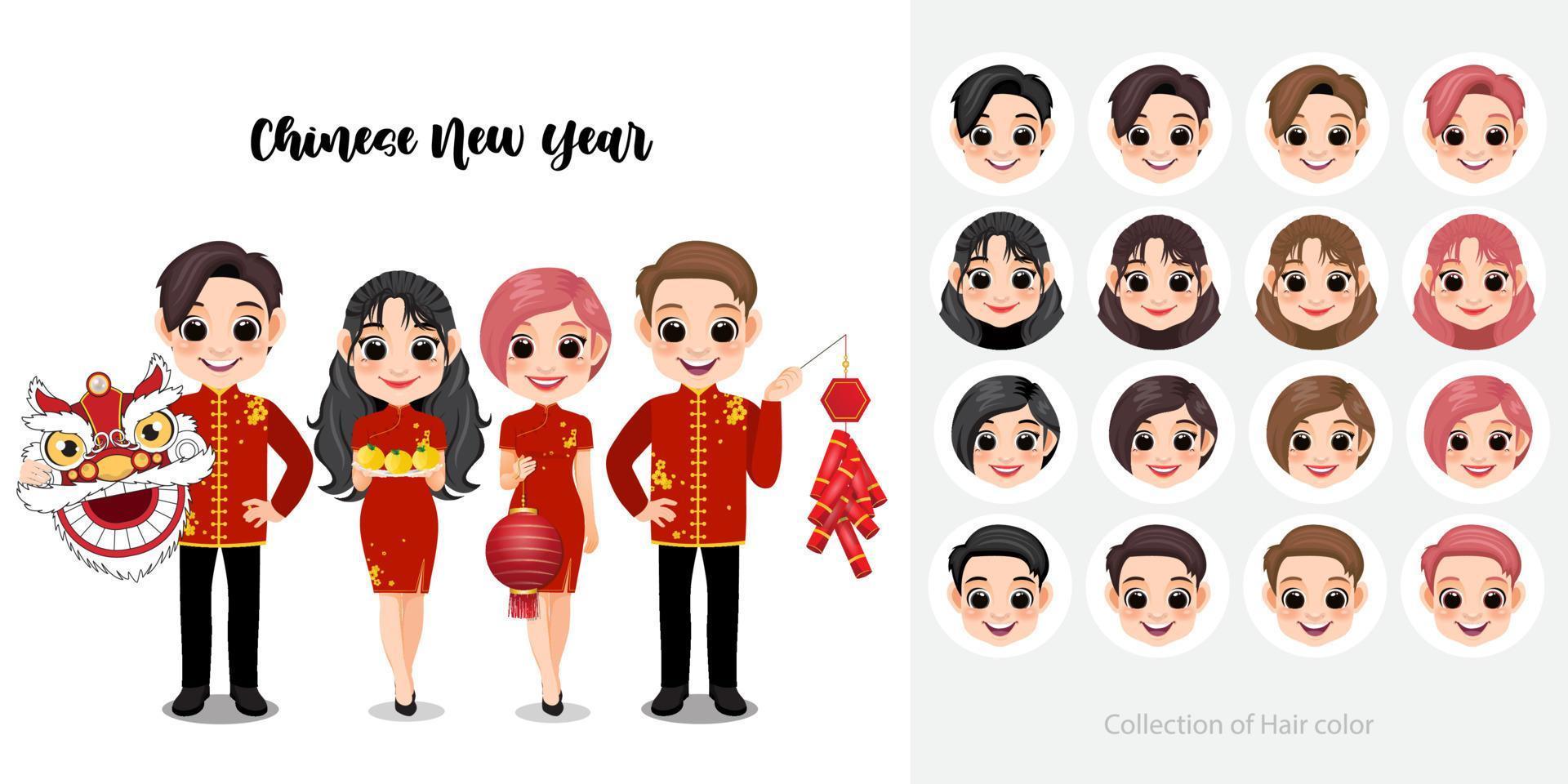chinesisches neujahr mit kindern, die drachenkopf, orange, laterne, cracker auf weißem hintergrund und sammlung des haarfarben-zeichentrickfigurvektors halten vektor