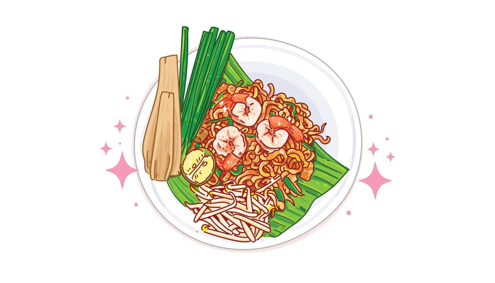 pad thai garnelen traditionelle asiatische speisekarte logo gekritzel handgezeichnete karikaturkunstillustration vektor