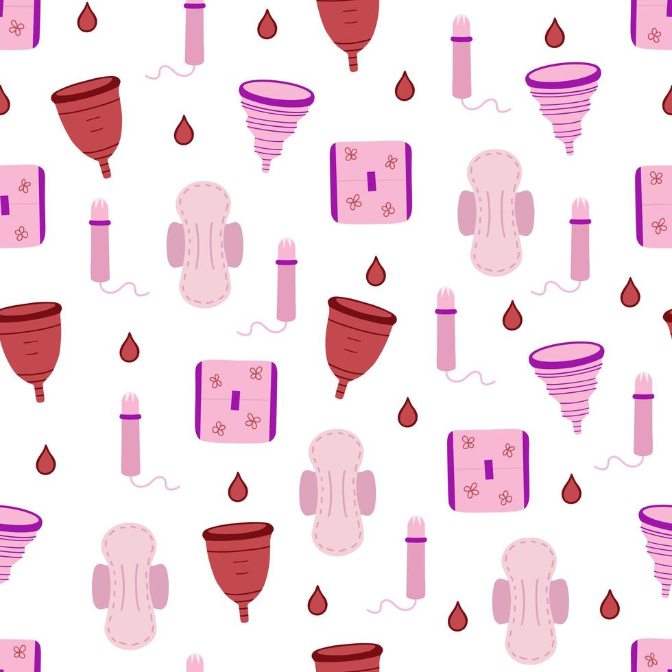 kvinnors hygien och hälsa sömlösa mönster, menstruation, bindor, tampong, menskopp. illustration för bakgrunder, omslag, förpackningar, gratulationskort, textil och säsongsdesign. vektor