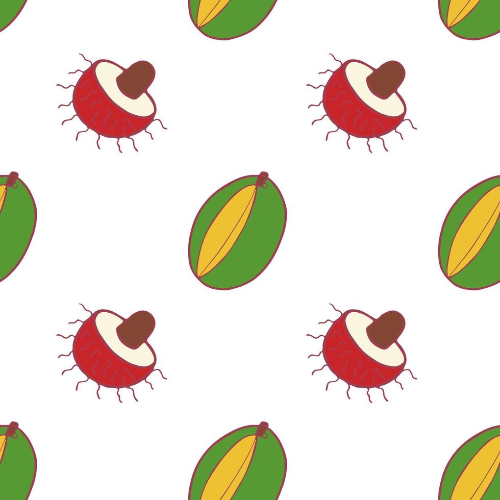 frukt mango och rambutan sömlöst mönster, bra design för alla ändamål. handritad tyg texturmönster. hälsosam mat bakgrund. vektor platt stil sommar grafik. på vit bakgrund.