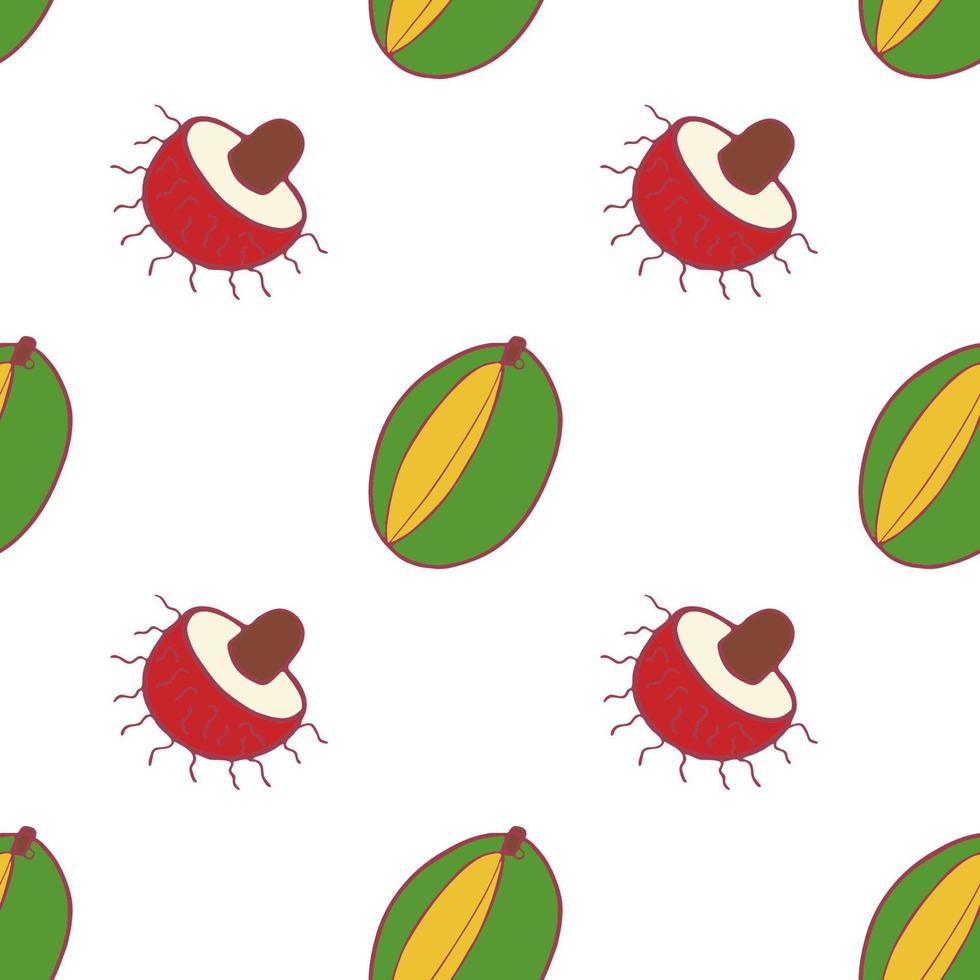 Fruchtmango und Rambutan nahtloses Muster, tolles Design für jeden Zweck. handgezeichnetes Stoffmuster. Hintergrund für gesunde Lebensmittel. Vektor flache Sommergrafik. auf weißem Hintergrund.