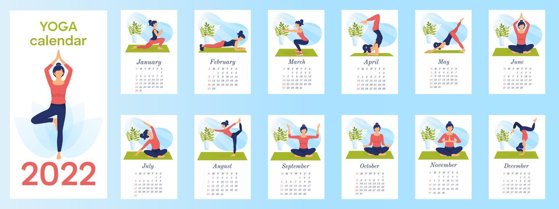 vertikal kalender, sidor av vägg eller skrivbordskalender. yogakalender för 2022. vacker kvinna yogar, sportar hemma eller på gymmet. bild för varje månad vektor