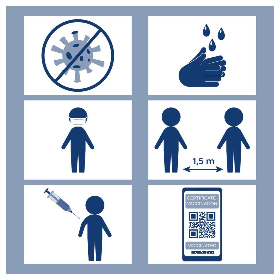 abzeichen, plakat über vorsichtsmaßnahmen, schutz vor einer coronavirus-infektion covid 19. coronavirus-beratung für die öffentlichkeit über symbole. medizinische maske, impfung, händewaschen, soziale distanz vektor