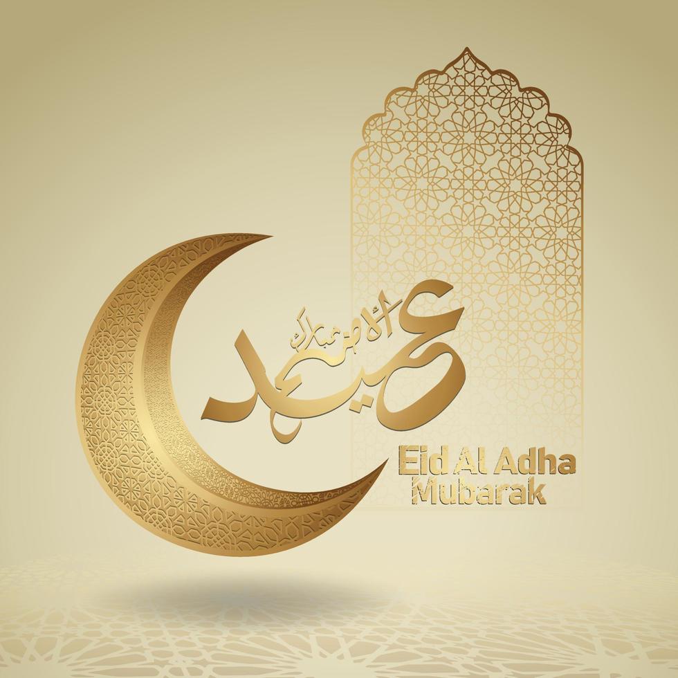 eid al adha mubarak islamisches design mit halbmond und arabischer kalligrafie, vorlage islamischer kunstvoller grußkartenvektor vektor